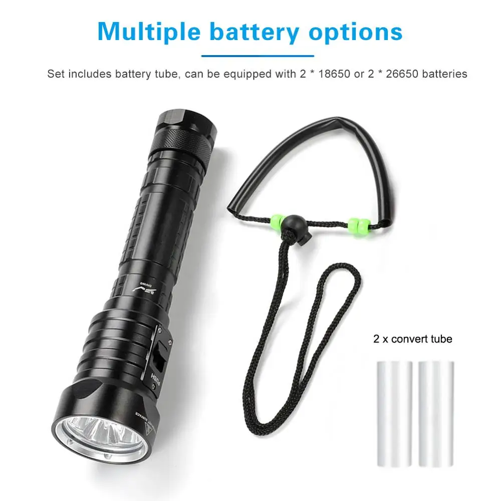 Asafee 100M Underwater XM-L U2 LED 4500LM Diving Flashlight IPX8 Waterproof Torch Portable Scuba Lantern