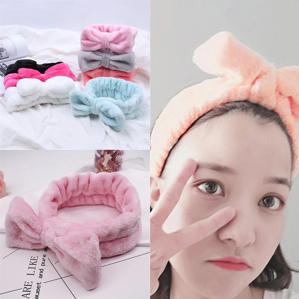 Wash Face Hair Holder Hairbands Soft Coral Fleece Bow Headband Women Bath Mask Cosmetic Hairband Elastic Turban Hair Accessories