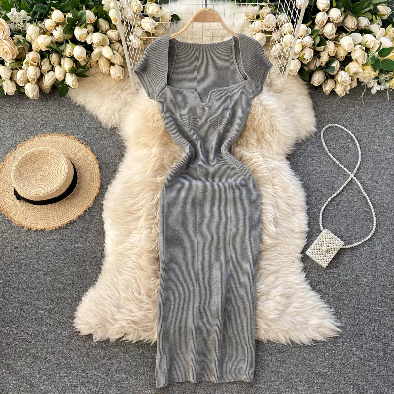 Croysier Spring Summer Short Cap Sleeve Knitted Sexy Bodycon Dress Back Slit Square Neck Casual Vintage Elegant Midi Dress Women