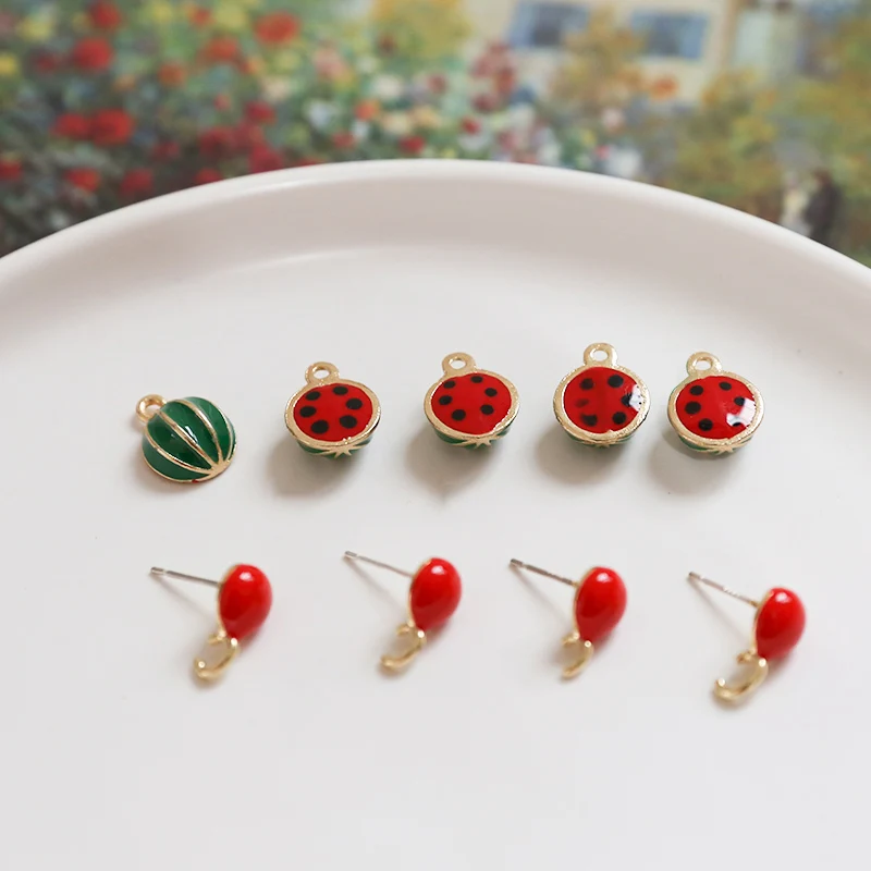 10pcs/pack 3D half  Watermelon Fruit Earring Stud Enamel Charms Gold Color Pendants DIY Jewelry Making Handmade Craft