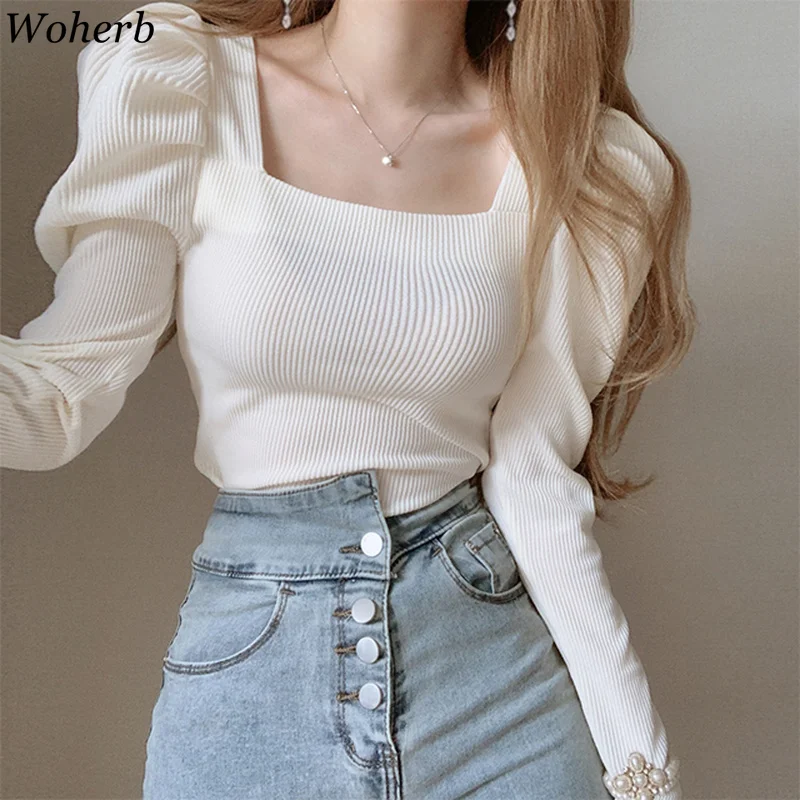 Woherb Chic Square Collar Puff Sleeve Vintage Thin Pullover Slim Fit Pleated Solid Sweater Autumn Spring 2024 New Knit Top