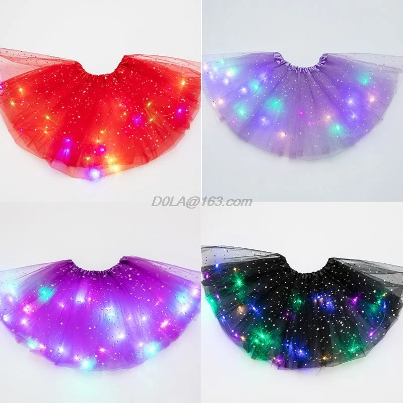 Kids Girls Glitter Star Sequins Ballet Dance Tutu Skirt LED Light Up Neon Colorful Tulle Short Dress Party Stage Costume 3-12T