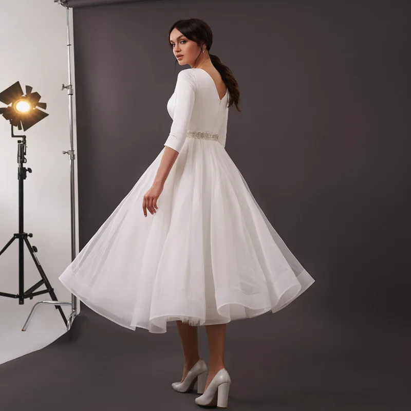 Elegante Satin Oansatz Kurz Hochzeit Kleid Robe De Soiree Braut Zu Werden атласное платье Robe De Mariée A-linie Tee Länge