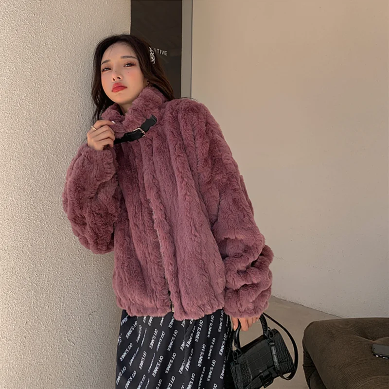 

Korean Women Faux Rabbit Fur Zipper Coath Coat 2023 Autumn Winter Stand Collar Long Sleeve Loose Casual Female Warm Fur Outwear