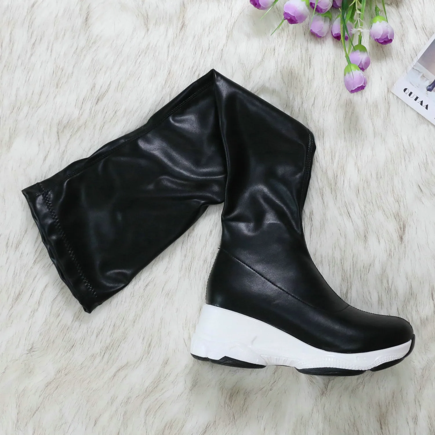 QUTAA 2021 Round Toe Autumn Winter Casual Women Shoes Stretch PU Over The Knee Boots Wedge Heel Long Women Boots Size 34-43