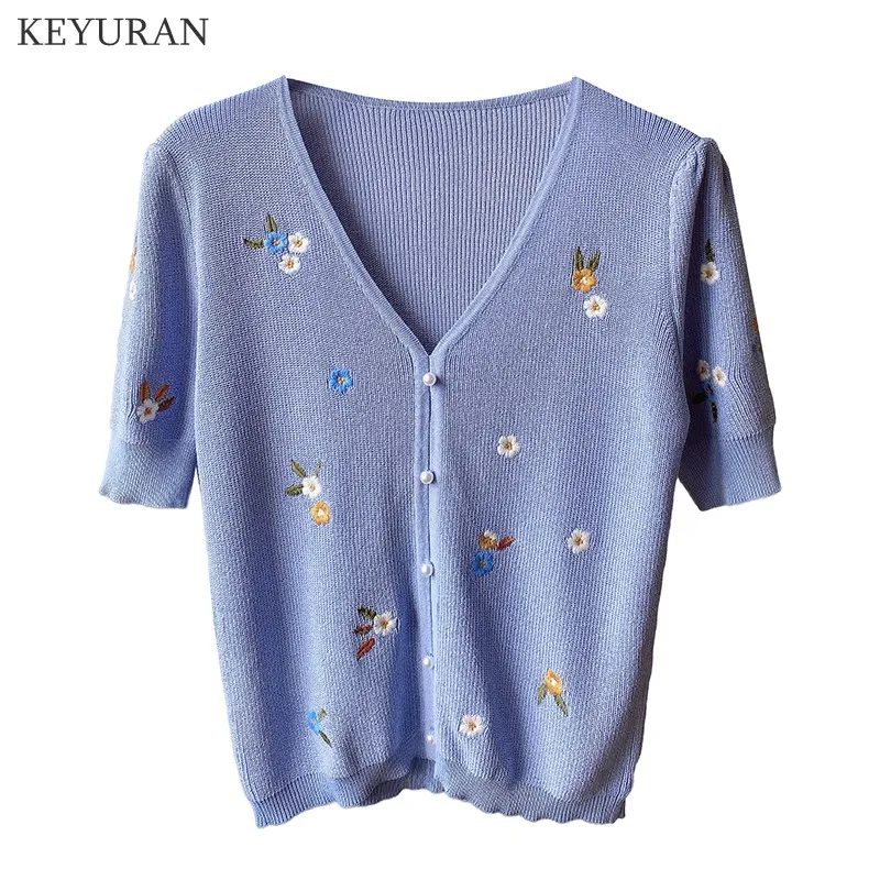 Floral Embroidery Thin Knitted Cardigan Sweater Summer Women Korean Chic V-neck Short Sleeve Single-breasted Ice Silk Top Female