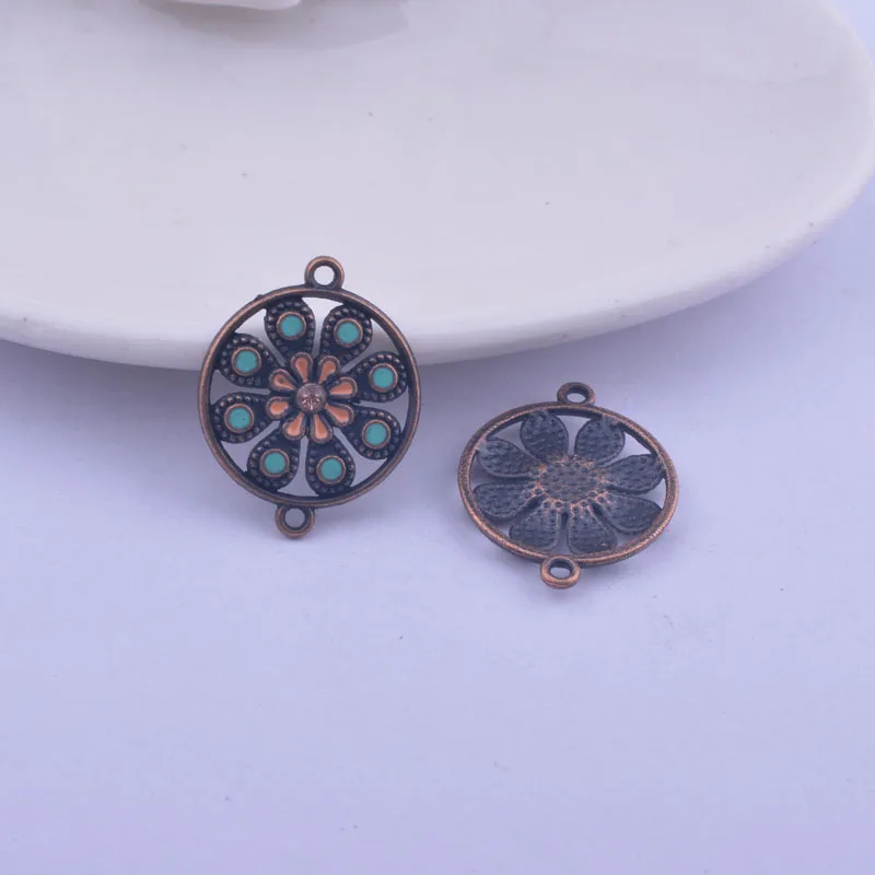 12pcs Antique Copper Color Round Enamel Flower Earrings Connector Earrings Pendant Base Connector DIY  Jewelry Findings