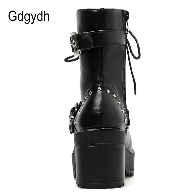 Gdgydh Sexy Rivet Autumn Boots Women Platform Boots Black Leather Gothic Punk Style Combat Boots For Women Mid Heels Comfortable