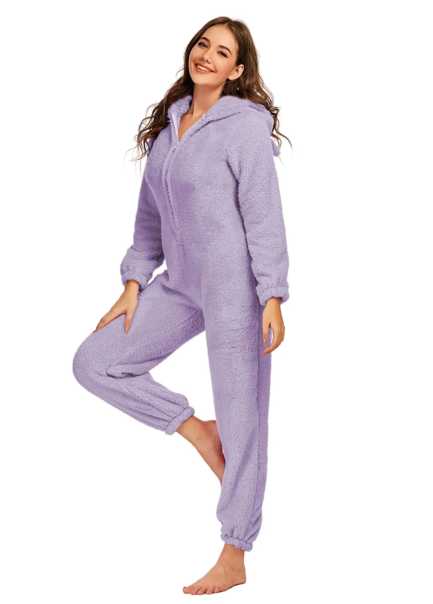 Women\'s Winter Warm Pyjamas Girls Onesies Fluffy Fleece Jumpsuits Nightwear Overall Hooded Sets Pajamas for Female Plus Size