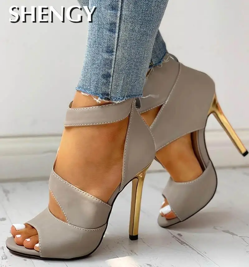 NEW Thin Heels Women Summer Thin High Heels Zipper Peep Toe Sandals Office Hollow Out Sandals Shoes Woman High Heels Party Pumps