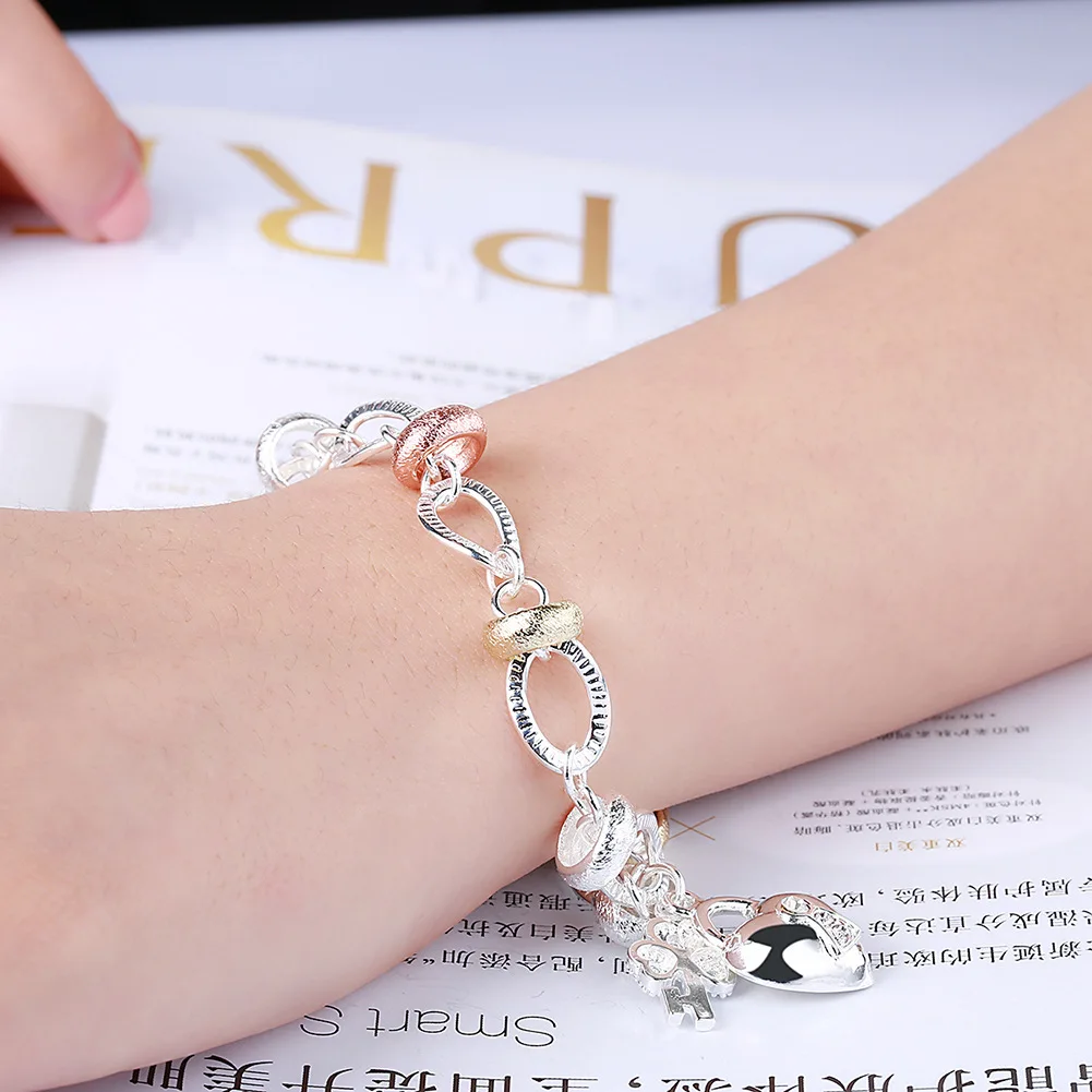 LEKANI 925 Silver Bracelet women bracelet 925 silver fine jewelry Crystal heart Lock flower simple droplets lobster clasp