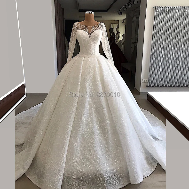 

2019 Scoop Wedding Dress Ball Gown Full Sleeves Organza Tulle Beaded Sequined Floor-Length Women Dress Wedding Dress Train