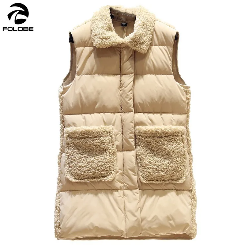 FOLOBE Spring Long Vest Women New Single Breasted Casual Lamb Padded Cotton Vest Women Fashion Patch Designs Thick  Warm Gilet