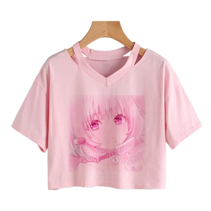 Women Fashion Cute clothes kawaii Print Tee Punk Short sleeve T-Shirt Casual Loose Pink Anime Graphic V-neck Crop Top streetwear