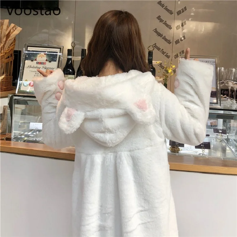 Herfst Winter Vrouwen Zoete Lolita Jas Warme Zachte Pluche Kawaii Leuke Kat Oren Capuchon Jassen Meisjes Cartoon Kat Klauw Parka uitloper