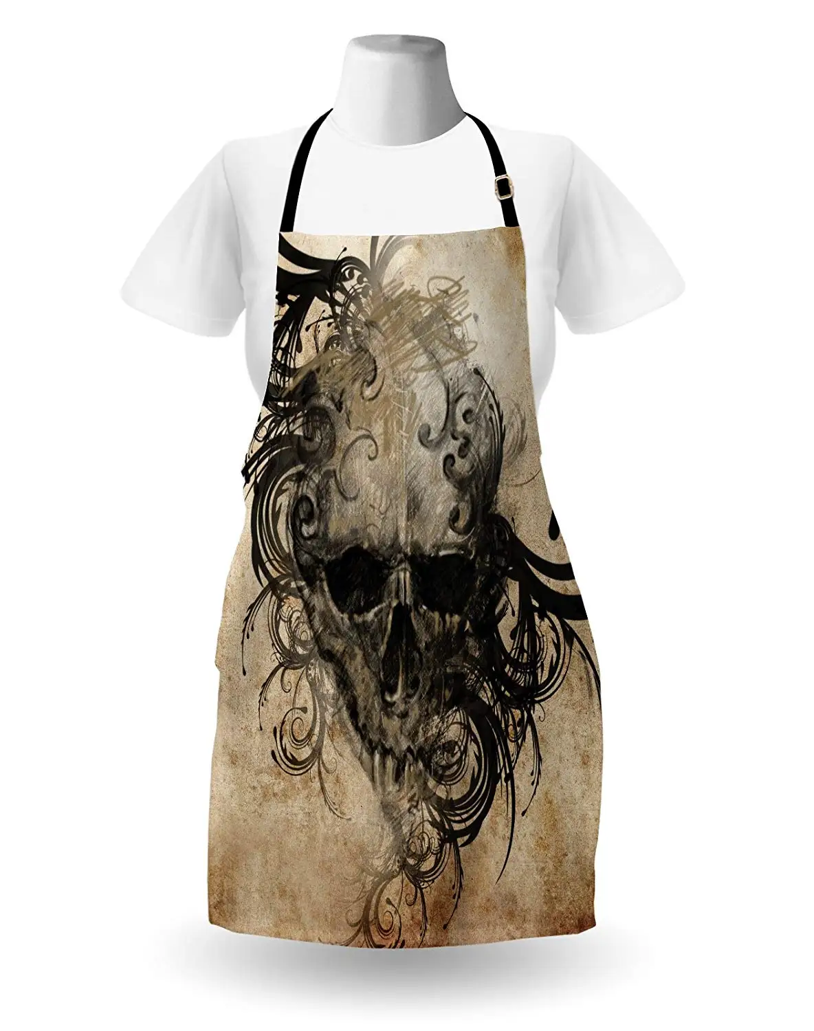 Tattoo Apron Handmade Image of a Skull with Tribal Floral Like Designs Around Print Women Men Kids Cooking Baking Kitchen Bib