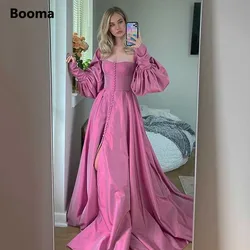 Booma-vestidos de fiesta rosas elegantes, mangas de obispo, vestidos de noche de tafetán con abertura larga, corte en A, vestidos largos de fiesta personalizados