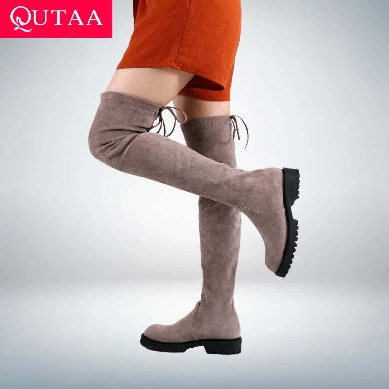 QUTAA 2021 Over The Knee Boots Stretch Flock Lace Up Casual Long Boots Square Heel Autumn Winter Round Toe Women Shoes Size34-43