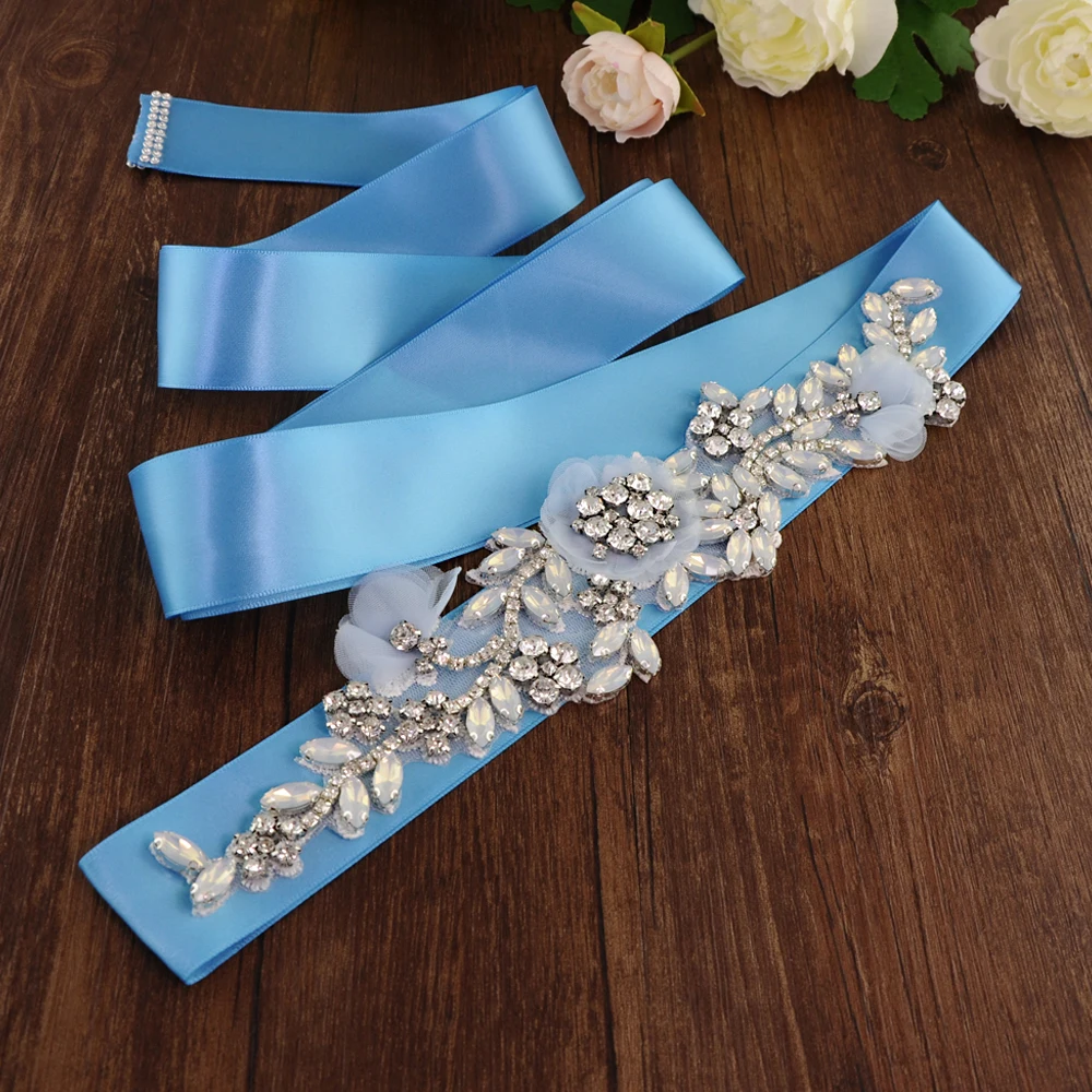 Lichtblauwe Bloemen Sjerpen Bruiloft Riemen Rhinestone Applique Bridal Riem Vrouwelijke Trouwjurk Riem Bloemen Moederschap Riem Voor Meisje