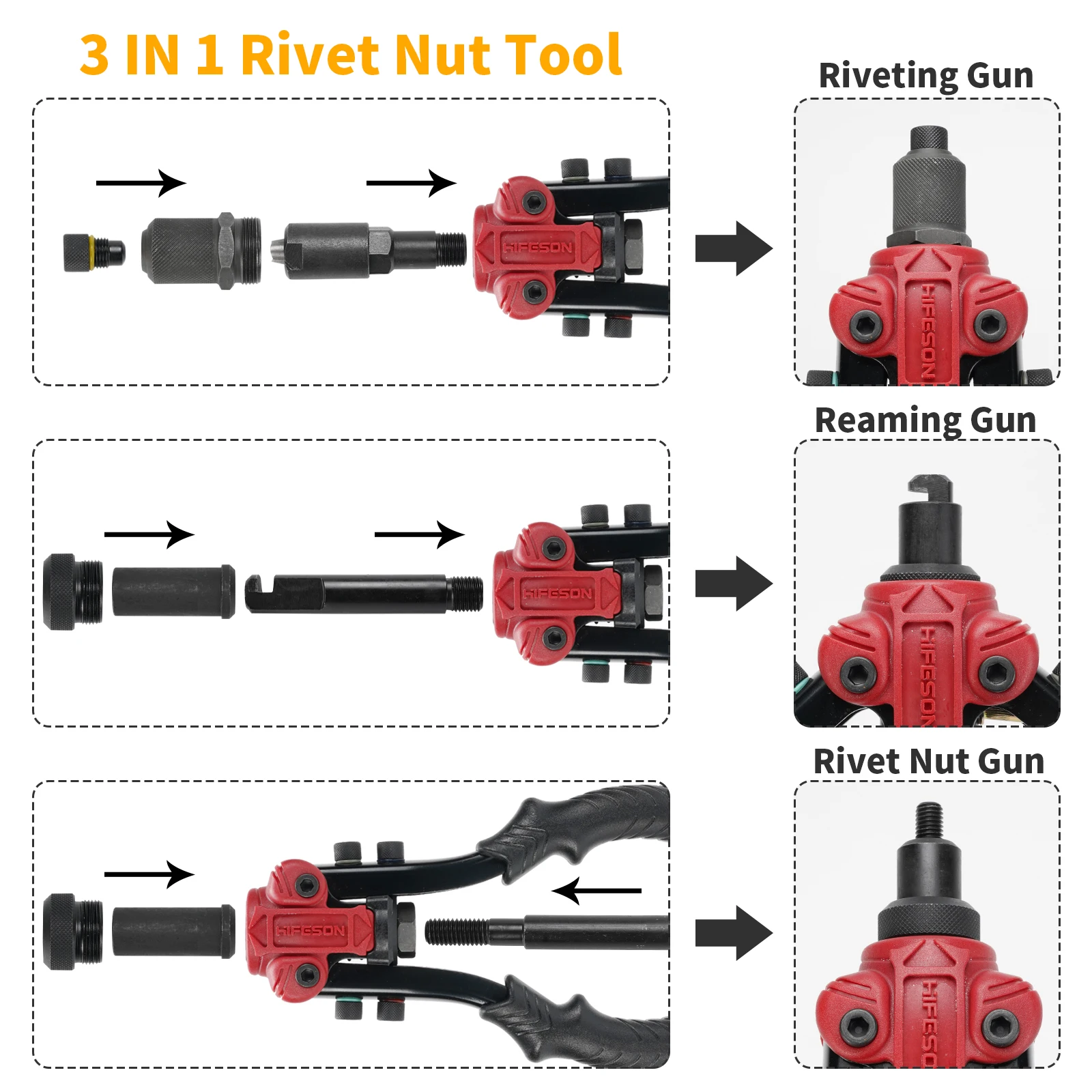 HIFESON 617 Multifunctional Manual Ram Gun Riveting Nut Gun Riveter Reaming Gun Powerful Three-in-One M3-M10 Nut Kit