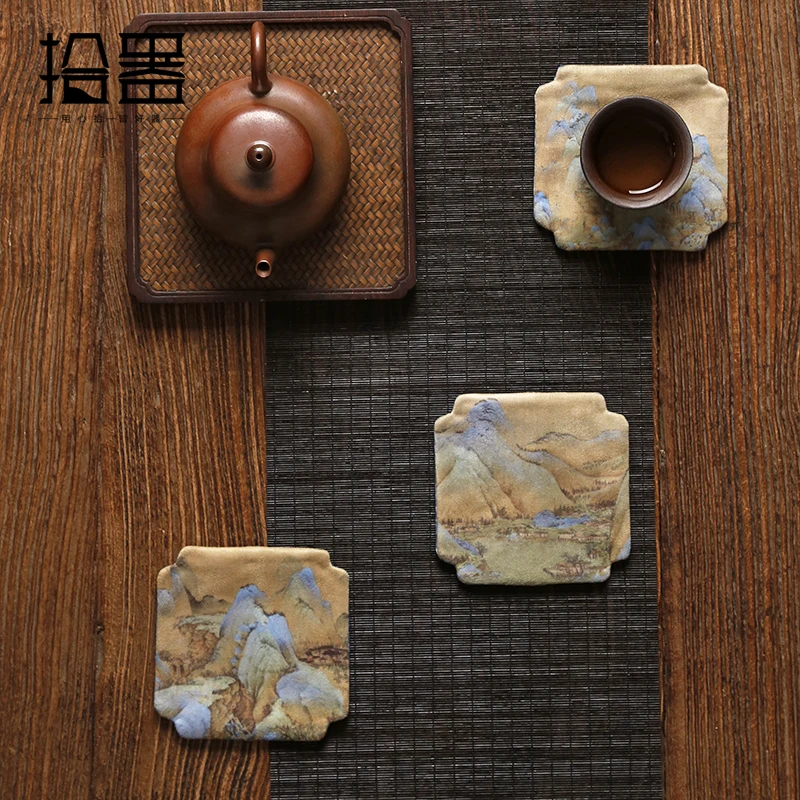 Chinese Zen Cup Coaster Cotton Fabric Printed Forbidden City Qianli Jiangshan Insulation Cup Cup Holder Cushion Tea Ceremony