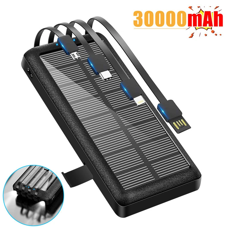 

Solar Powerbank 30000mAh Portable Charger Built in Cable External Battery Power Bank Fast Charging PoverBank for iPhone Xiaomi