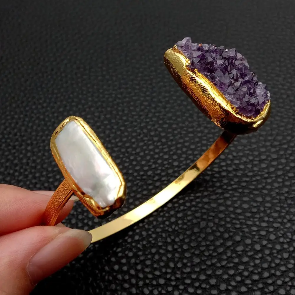 YYGEM Natural Purple Amethyst Druzy Cultured White Biwa Pearl  Bangle Bracelet Fashion Women Jewelry
