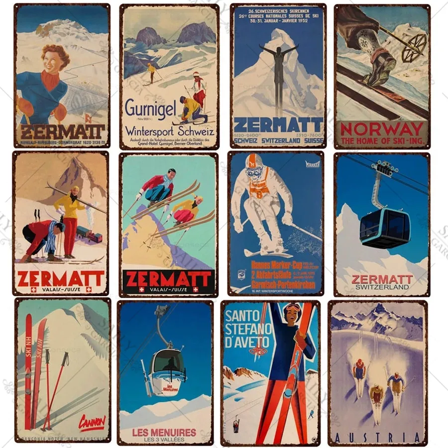 Skiing Travel Metal Tin Signs Les Alpes Ski Propaganda In Norway Verbier Cable Iceland Landscape Vintage Wall Decor Tin Plaques