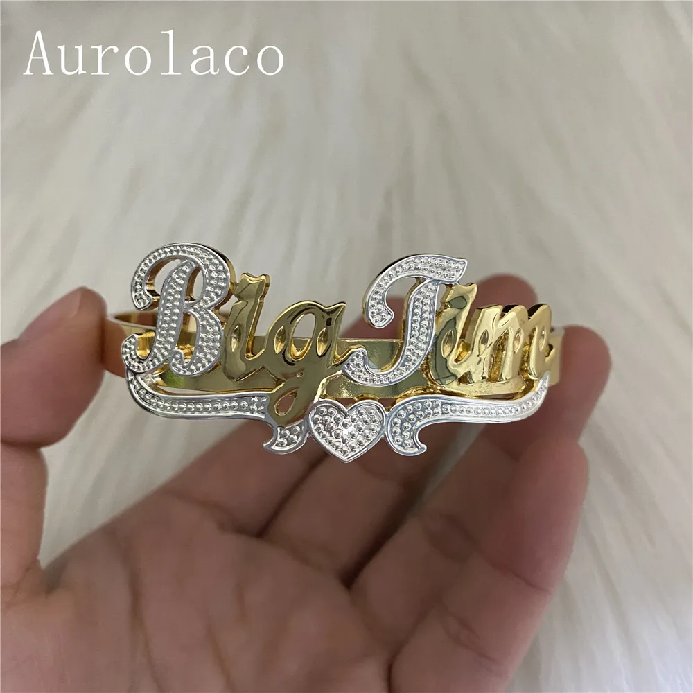 Imagem -05 - Aurolaco Pulseira com Nome Personalizado Bracelete de Aço Inoxidável Banhado a Ouro