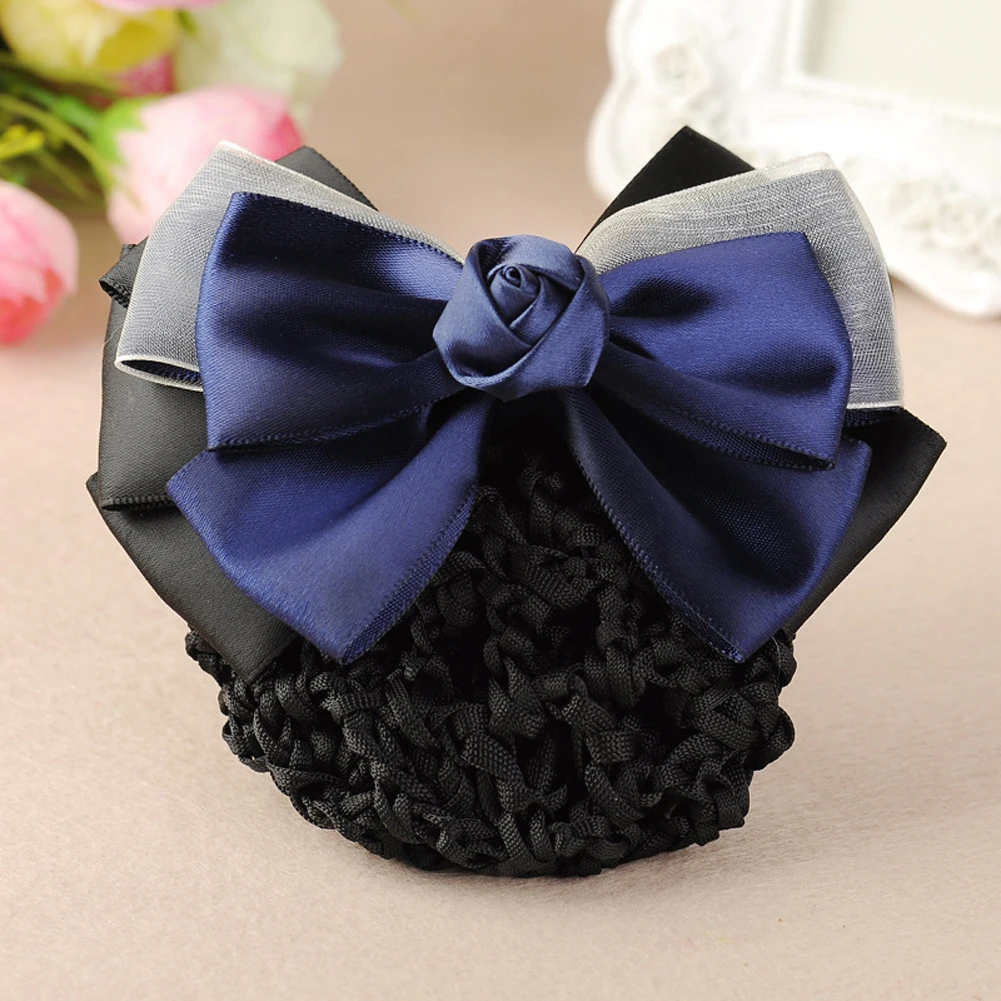 Lace Satin Bow Hair Net Barrette Bank Staff Flight Attendant Nurses Satin Hair Clips Net Snood Women Hair Accessories Hairgrip