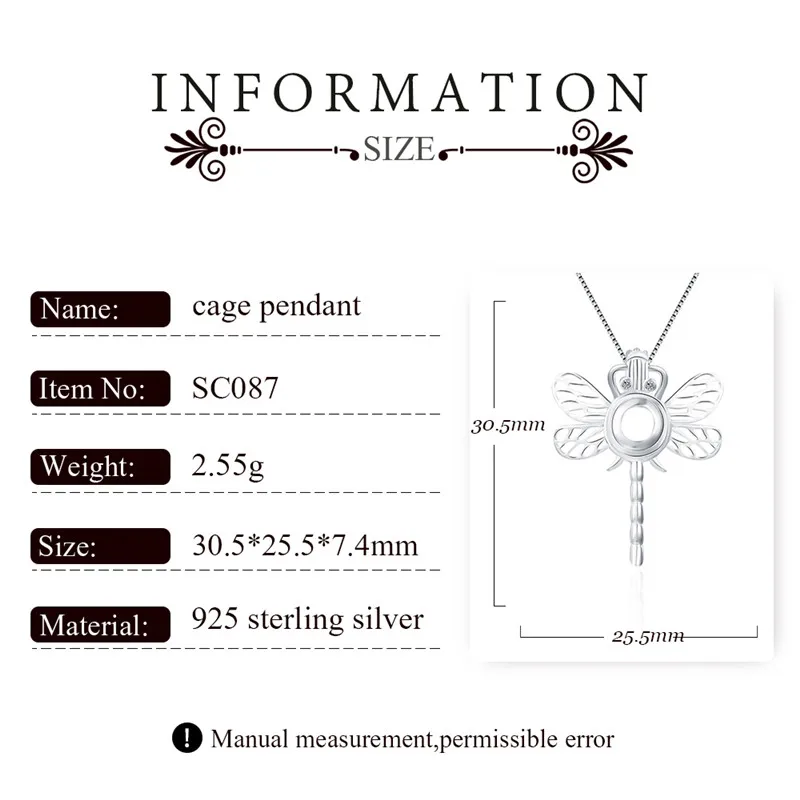 CLUCI 3pcs Lovely Dragonfly 925 Sterling Silver Pearl Locket Women Necklace Pendant Animal Cage Pendant SC087SB