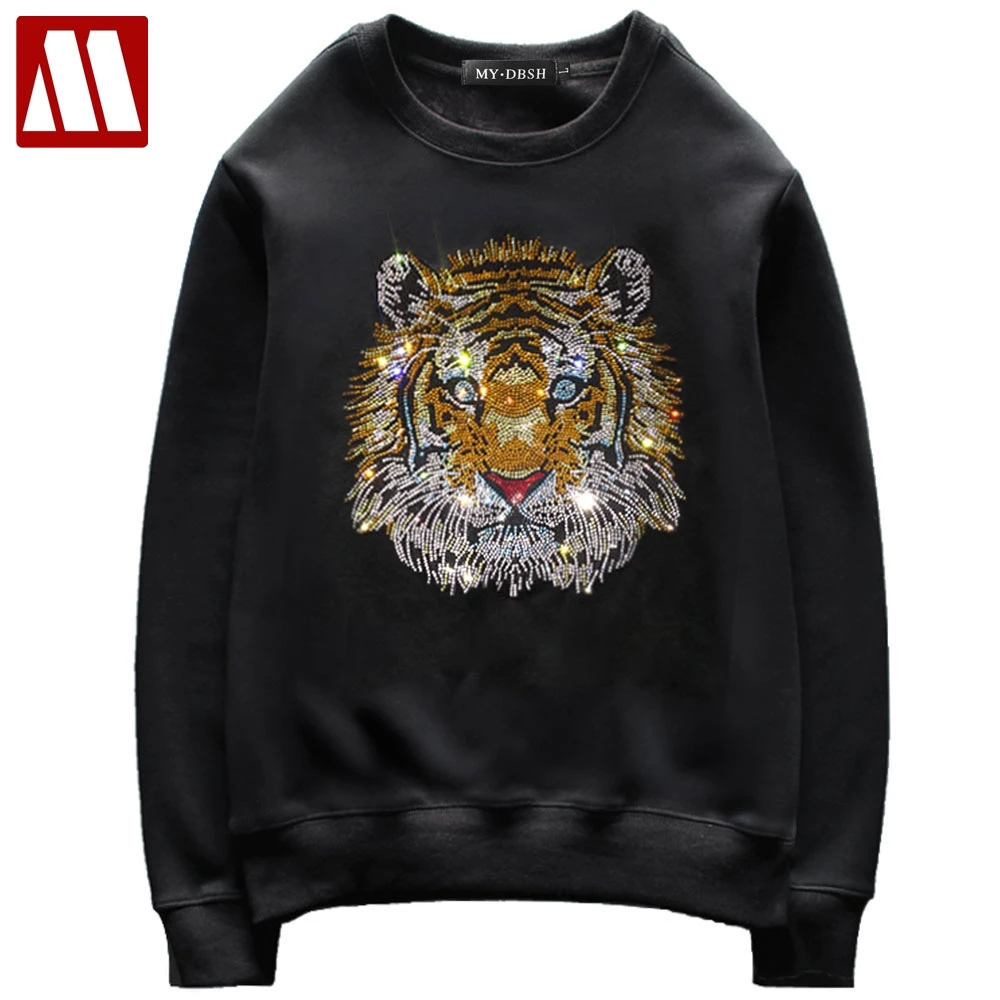 

2022 Spring Autumn Men's Round Neck Sweatershirt Male Thicken Hot-rolled Tiger Head Fashion Warm Pullover Diamonds Men's Hoody