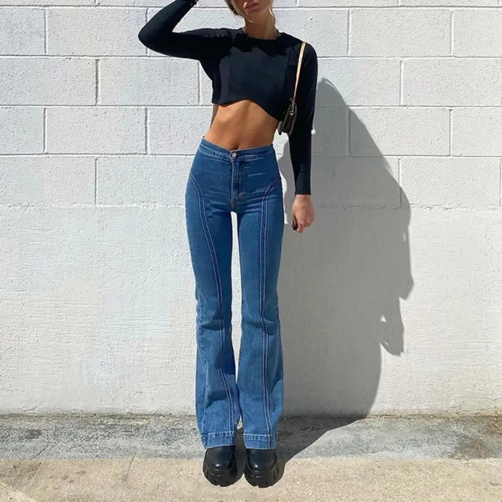 

Dropshipping!!New Women Flare Jeans Striped Button Zipper Solid Color All Match Denim Pants Streetwear