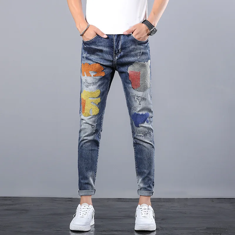 Autumn Europe America Jeans Badge Hole Men's Tight Straight Thin Trendy Korean Style Simple All-match Casual Fashion Denim Pants