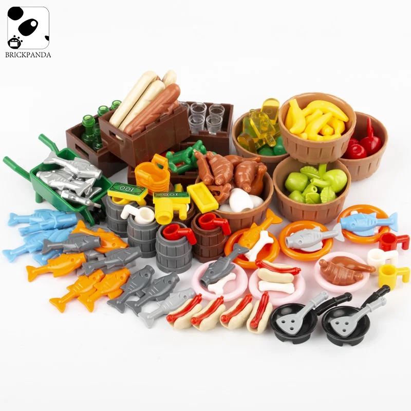 MOC City Food Accessories Blocks Friends Bread Fruit Fish Bottle Hot Dog Vegetable Box Building Blocks Figures Parts Bricks Toys