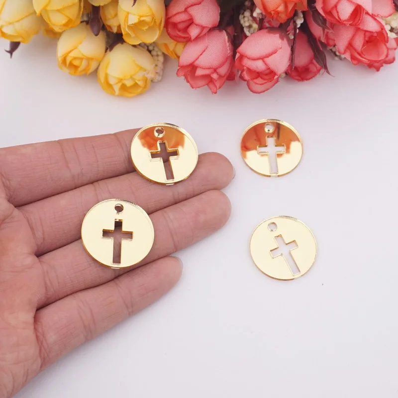 50pcs Acrylic Mirror Small Round Cross Tags Baby Shower Table Decor Baptism Invitations Cards Party Guest Gift Christening Decor