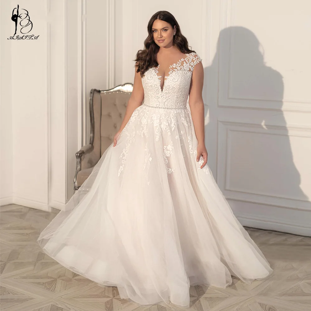 Plus Size Spitze Applikationen Brautkleider V-Ausschnitt A-Linie Brautkleid Mütze Ärmel Illusion zurück mit Knöpfen Vestidos de Novia