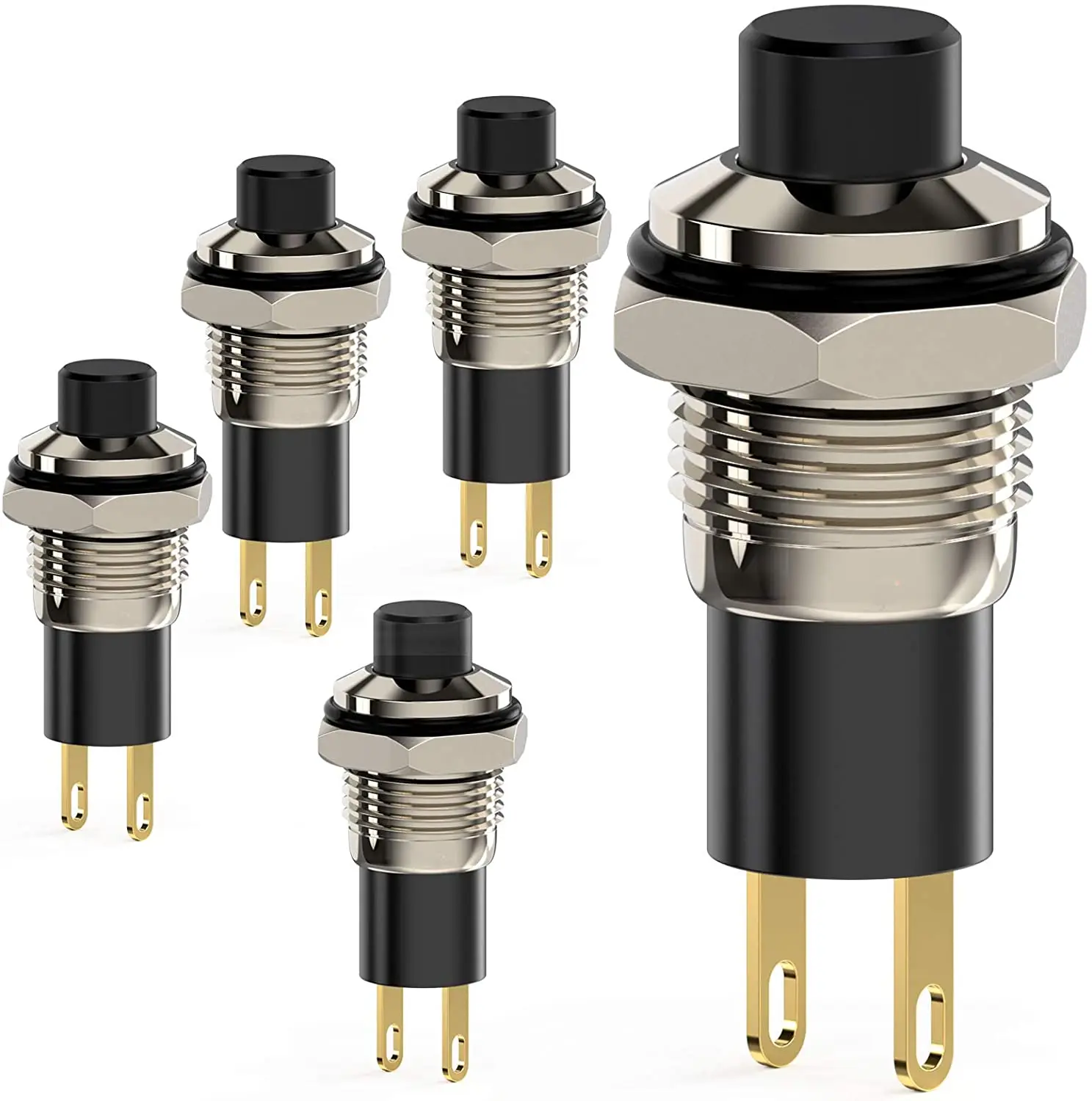 Push Button Switch, Self-locking Mini Switches Latching 10mm Round DC24V 0.5A Black Cap 5PCS