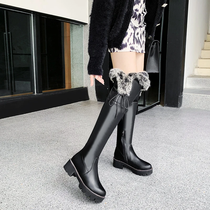 Low-Heel Round-Toe Faux Fur Over The Knee Boots Thick-Soled Lace-Up Side Zipper Street Punk Women’S Boots Warm Winter Boots