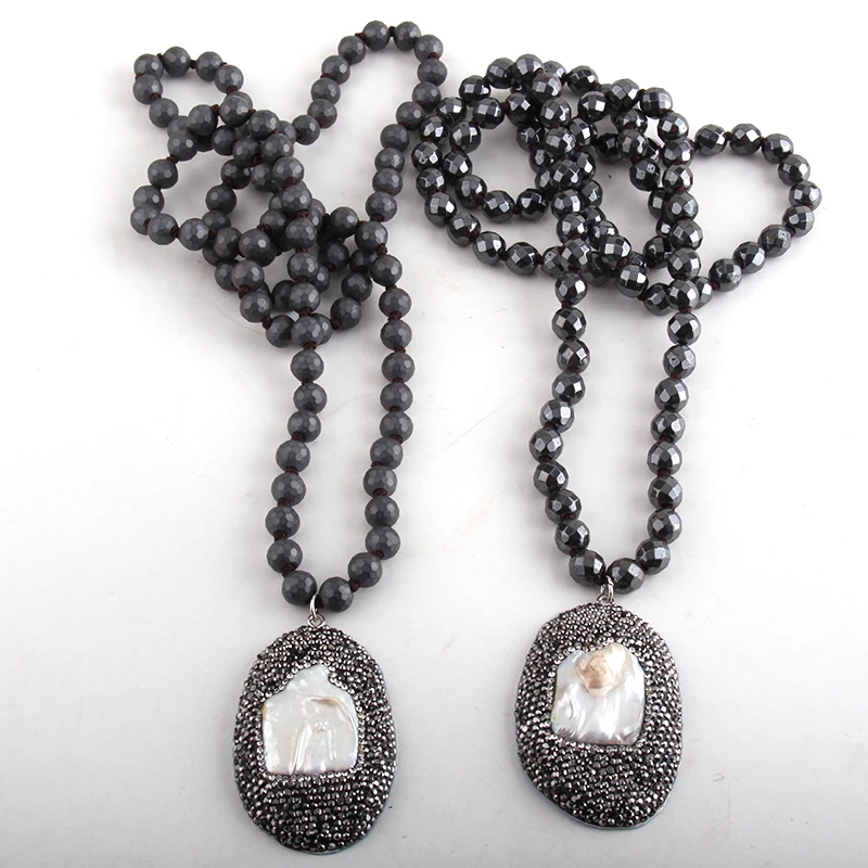 אופנה פיאות 8mm המטיט אבן ארוך מסוקס בעבודת יד קריסטל סלול מעטפת זרוק תליון שרשראות נשים אתני שרשרת