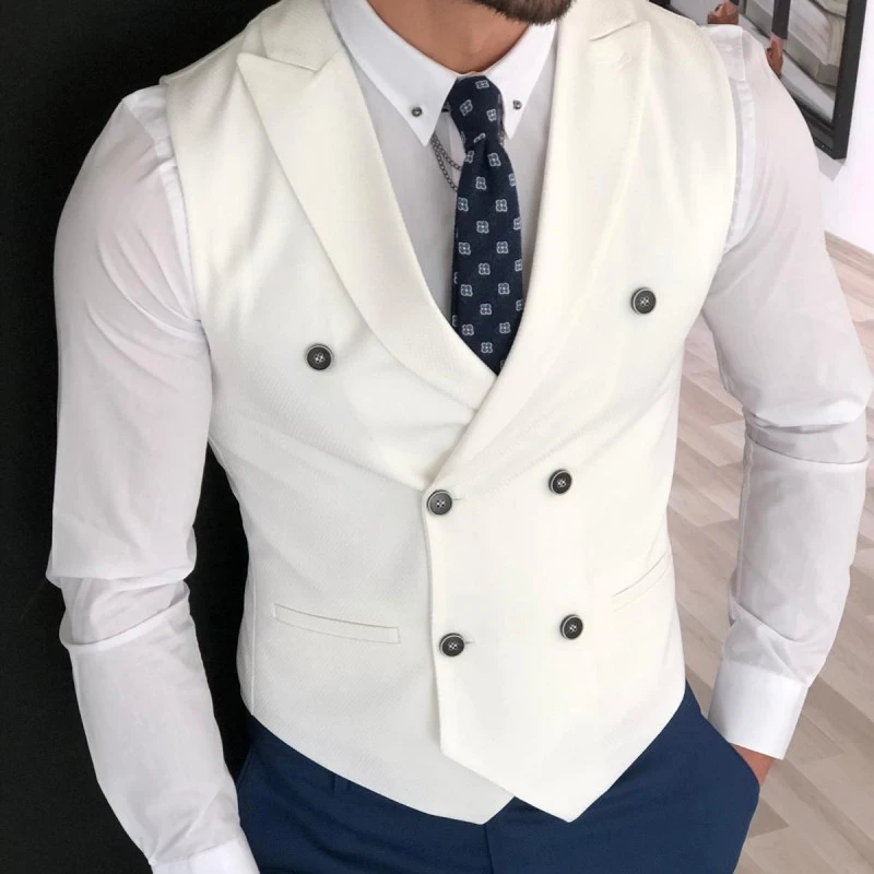 White Slim Fit Men Vest with Double Breasted One Piece Custom Male Suit Wasitcoat Peaked Lapel Wedding Gromsmen Waist Coat New