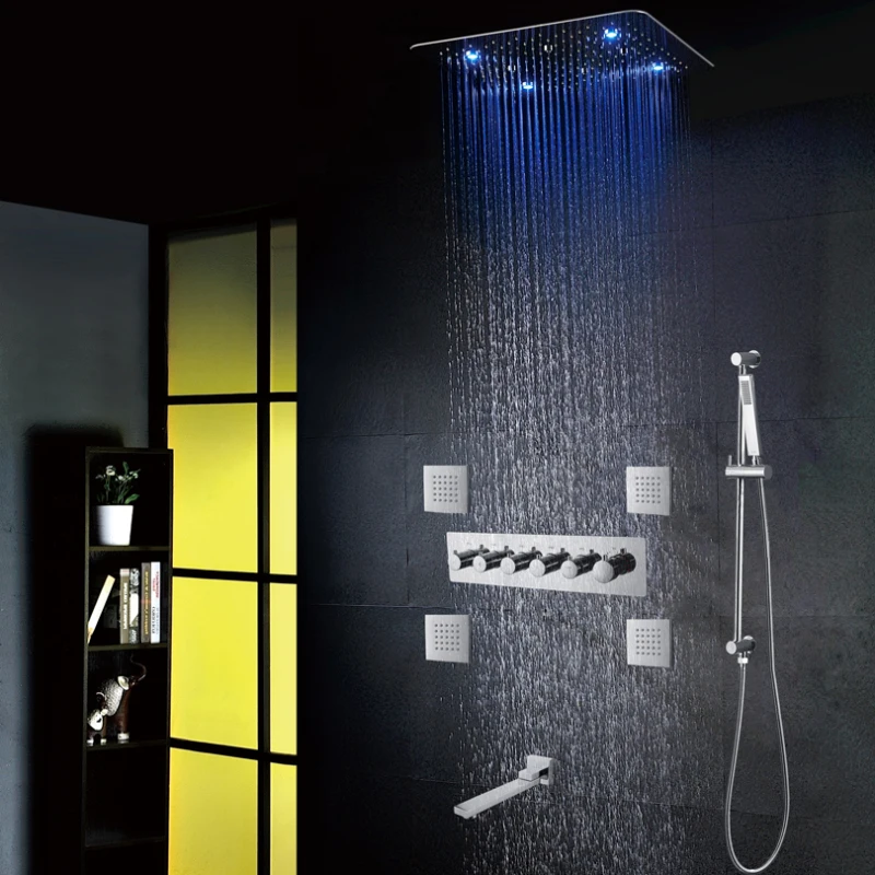 

Chrome Polished LED Bathroom Rain Mist Shower Mixer Set With Brass Handheld Spout