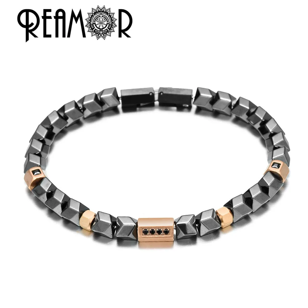 REAMOR High Polished Cool Geometry Hematite Beads Bracelets Men Rose Gold Color CNC Skill Stainless Steel DIY Charm Bracelet