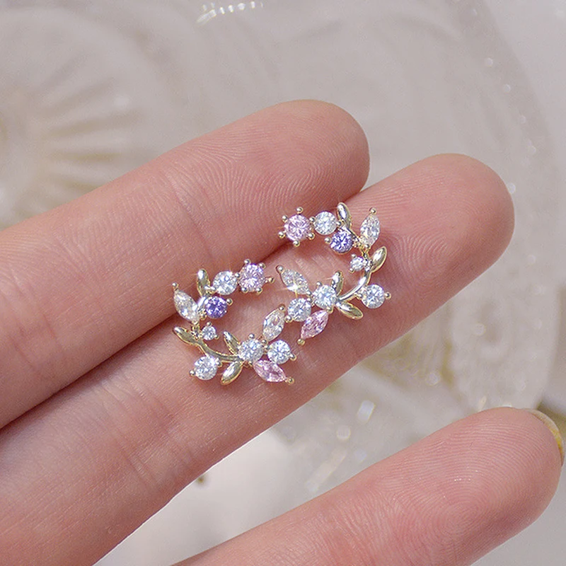 

Korea Fashion Jewelry 14K Real Gold Plated Copper Inlaid AAA Color Zircon Earrings Elegant Leaf Women's Wedding Party Earrings