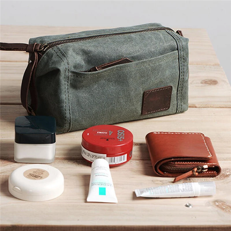 Waxed Canvas Toiletry Bag Men Personalised Cosmetic Bag Organizer Travel Shaver Storage Bag