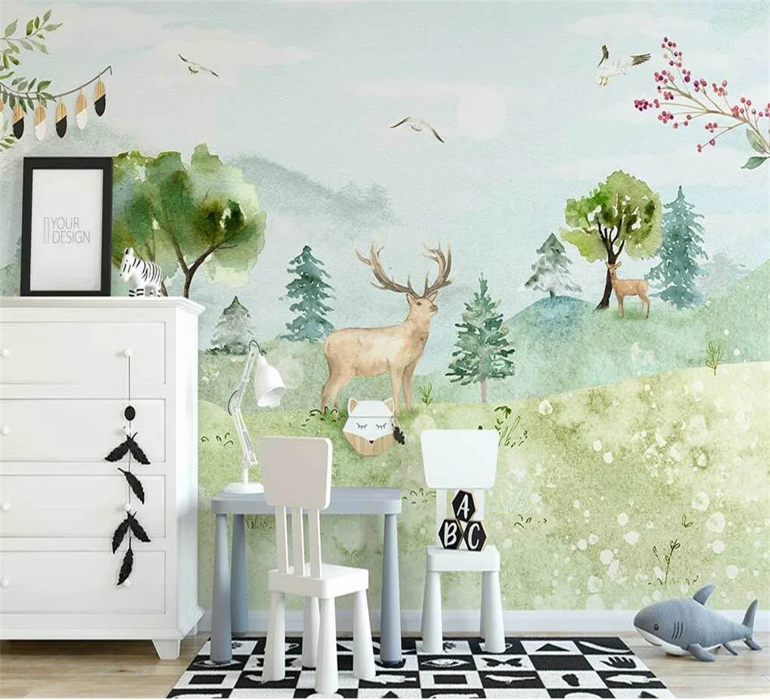 

Custom wallpaper papel de parede Nordic hand painted forest small fresh elk cloud children's room background wall 3d wallpaper