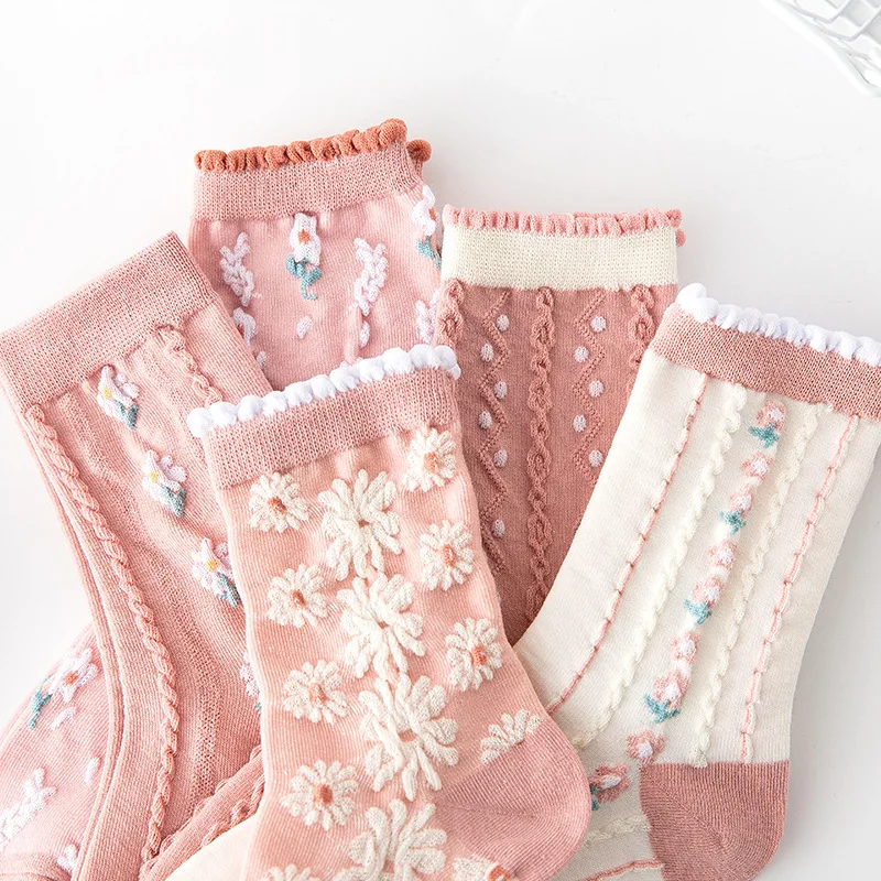 5 Pairs/ Lot Woman Socks Harajuku Retro Embroidery Spring Kawaii Cute Socks Lolita Socks Lace Flower Crew Socks Christmas Gift