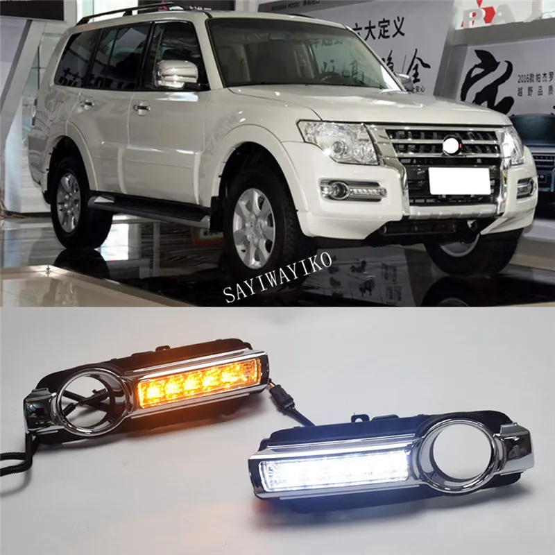 For Pajero Montero 2016-2017 Front LED Daytime Running Light DRL Day Light Fog Lamp Cover With Yellow Turn Signal