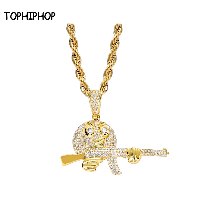 

TOPHIPHOP Cartoon Round Face With Gun Necklace & Pendant Chain Charm Gold Silver Cubic Zircon Hip hop Rock Jewelry For Gift