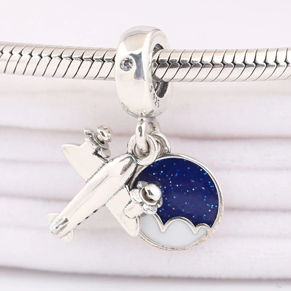 Women Bracelets Pendant Silver DIY Jewelry Airplane Dangle Charm fit Lady Bracelet Bangle Blue Enamel Bead